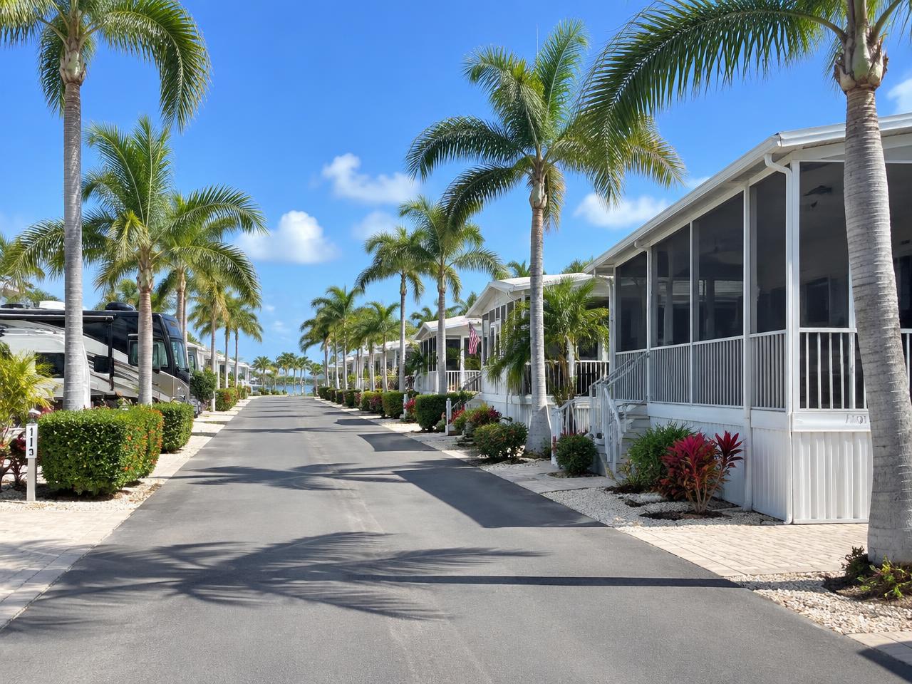 Palm-lined lane of well-kept homes at Breezy Pines