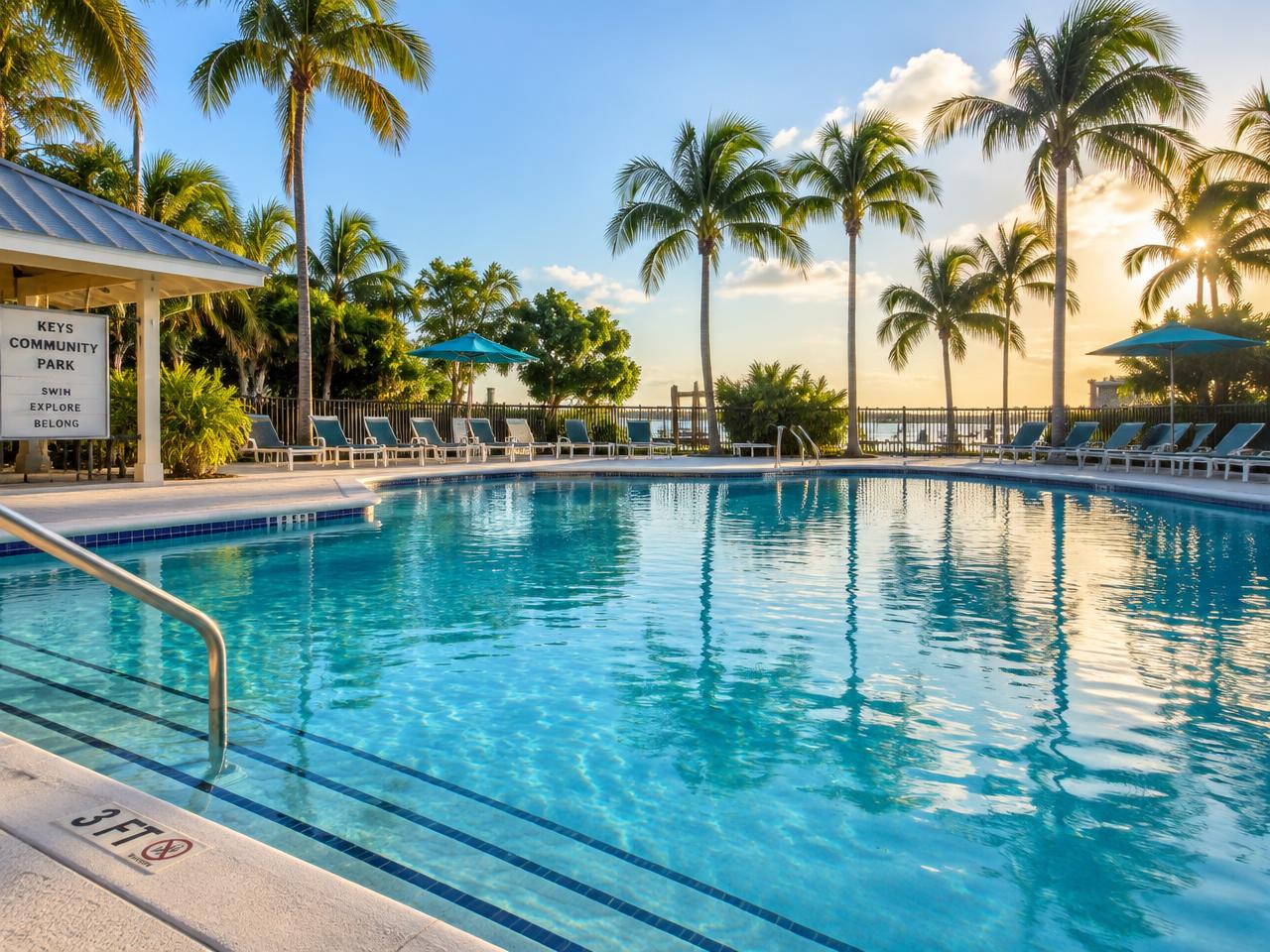 Community swimming pool surrounded by palm trees